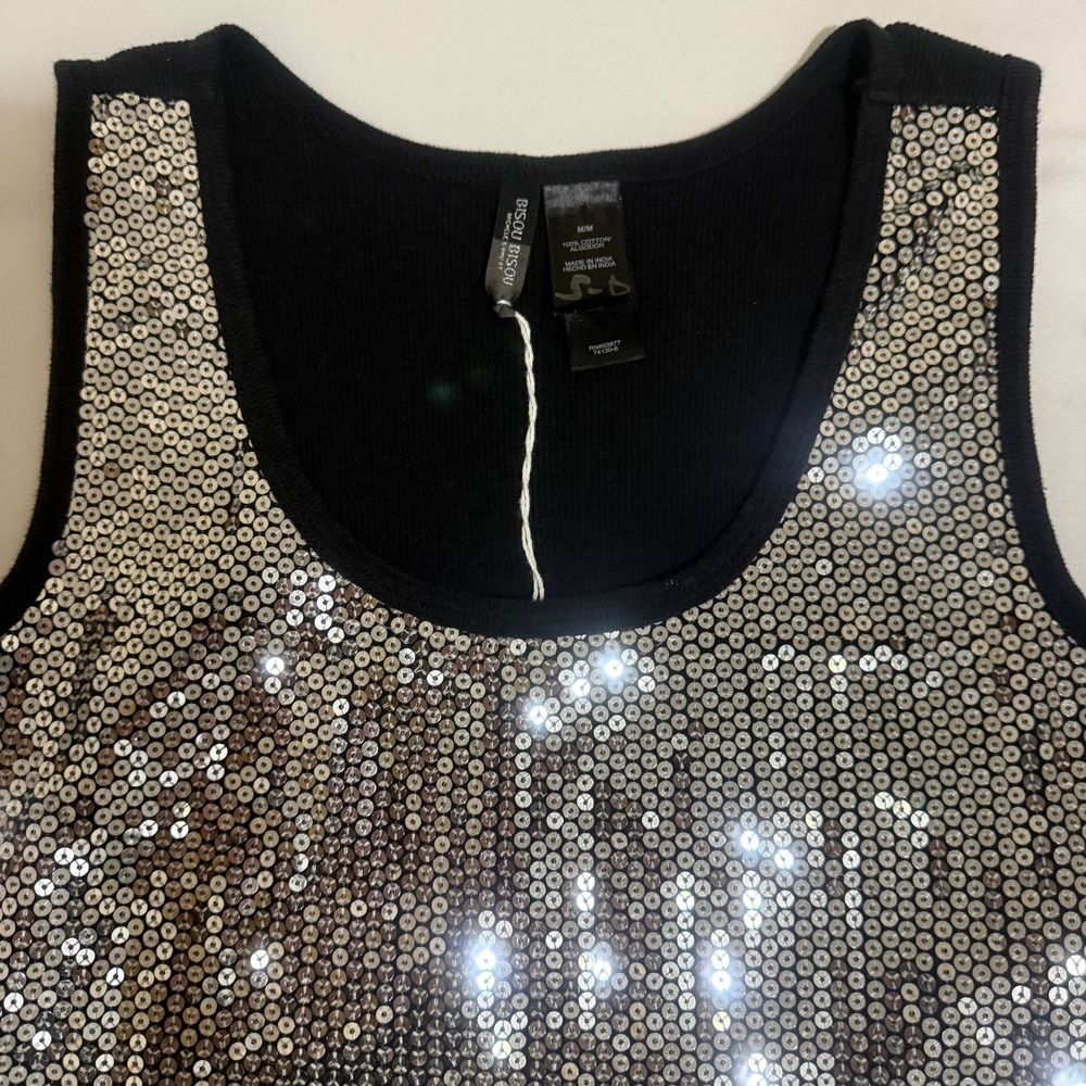 Bisou Bisou Michele Bohbot Women Silver Black Sequin Ribbed Tank Top Medium NWOT